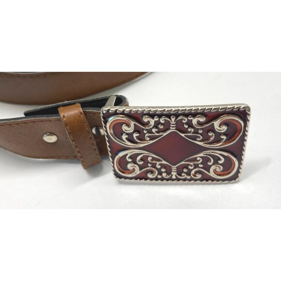 Western Style Brown Faux Leather Belt Ornate Red Enamel Silver Tone Buckle - Picture 6 of 10